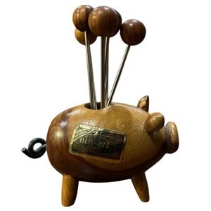 Oliv-Art Wooden Pig Toothpick Holder with 3” Cocktail Forks 6 Forks Olive Wood